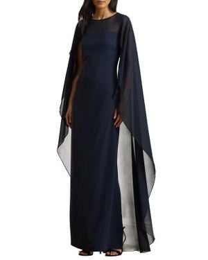 Ralph Lauren Sheer Cape Georgette Column Gown - Blue
