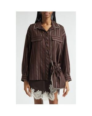 Siedres Monina Metallic Stripe Button-Up Shirt With Removable Crossbody Pouch - Brown