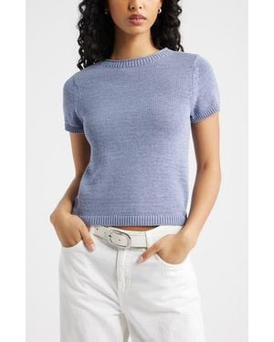 Open Edit Short Sleeve Cotton Blend Sweater - Blue