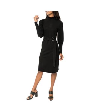 Gibsonlook Belted Mock Neck Long Sleeve Sweater Dress - Black
