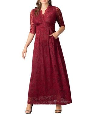 Kiyonna Maria Lace A-Line Evening Gown With Pockets - Red