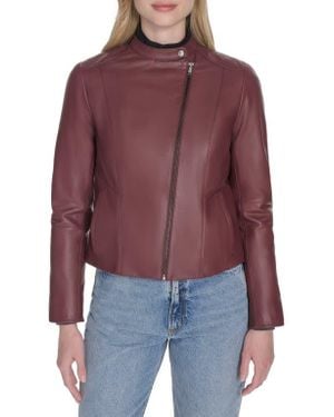 Cole Haan Band Collar Leather Moto Jacket - Red