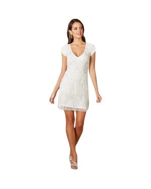 LARA New York Candie V-Neck Beaded Mini Dress With Fringe - White