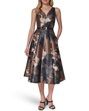 Donna Karan Printed V-Neck Belted Midi Dress - Brown