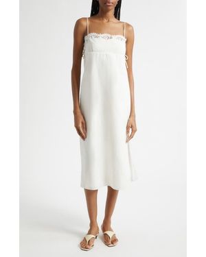 Posse Darya Broderie Trim Side Tie Midi Dress - White