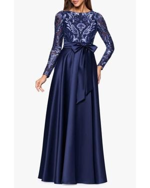 Xscape Evenings Embellished Bodice Long Sleeve Gown - Blue