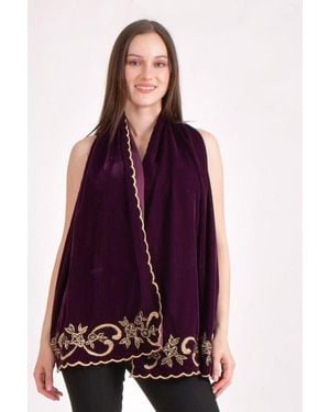 Ras Cutwork Floral Hand Embroidered Velvet Scarf - Purple