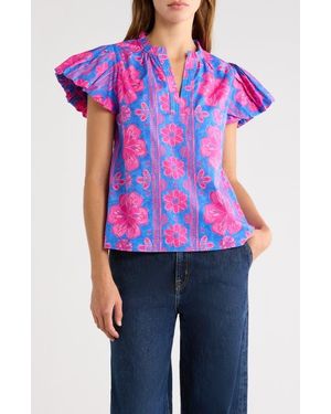 Sugarlips Bethel Floral Keni Cotton Split Neck Top - Blue