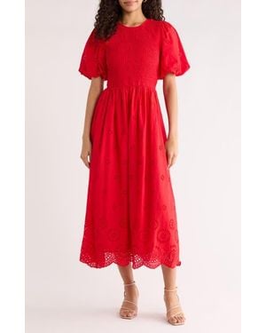 Sugarlips Deana Eyelet Smocked Midi Dress - Red