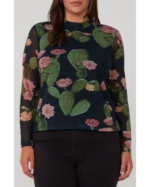 Estelle Cactus Print Mesh Mock Neck Top - Black