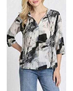 Apny Print Tassel Split Neck Chiffon Top - Gray