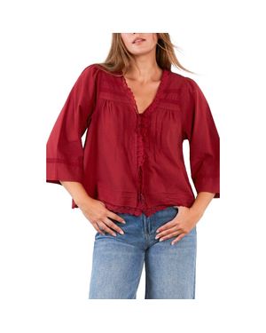 Billy T Fable Floral Lace Trim Cotton Blend Button-Up Shirt - Red