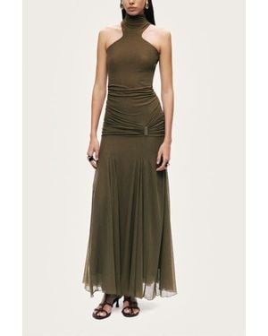 Nocturne Halter Neck Draped Maxi Dress - Green