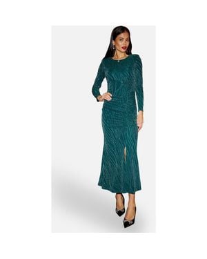 Yumi' Mesh Fitted Ruched Midi Dress - Blue