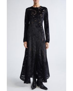 Etro Velvet Paisley Long Sleeve Mesh Midi Dress - Black