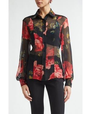 Carolina Herrera Isabella Sheer Silk Chiffon Button-Up Shirt - Black