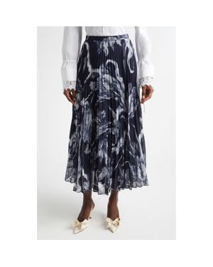 Erdem Botanical Engraving Pleated Voile Midi Skirt - Blue