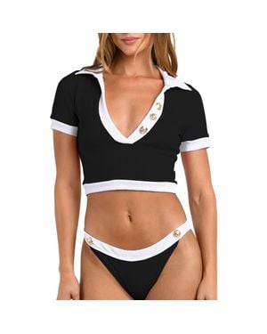 L'Agence Anastasia Colorblock Short Sleeve Crop Rashguard - Black