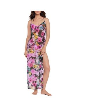 Steve Madden Cowl Neck Semisheer Mesh Cover-Up Maxi Dress - Purple