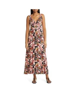 Loveappella Palm Print Surplice V-Neck Knit Maxi Dress - White