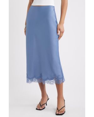 Open Edit Lace Trim Satin Midi Skirt - Blue