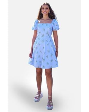 Yumi' Cotton Floral Puff Sleeve Skater Dress - Blue