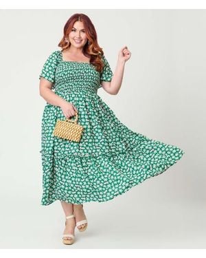 Unique Vintage Plus Size Smocked Bodice Midi Dress - Green