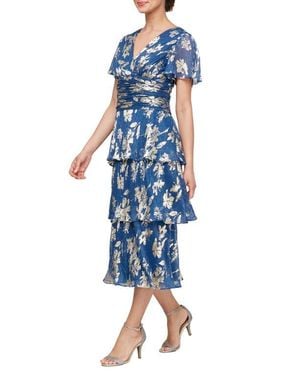 Sl Fashions Metallic Floral Print Midi Cocktail Dress - Blue
