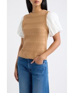 LOVE THE LABEL Danni Puff Sleeve Pointelle Knit Top - White