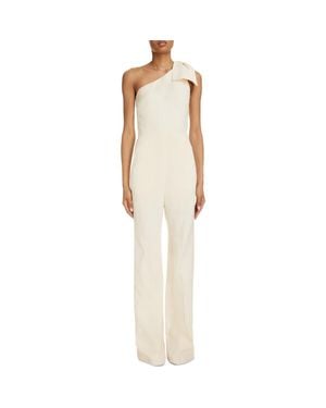 Chloé Bow Accent One-Shoulder Linen Canvas Jumpsuit - White