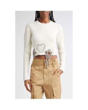 Area Crystal Flower & Crochet Heart Appliqué Crop Rib Sweater - Natural