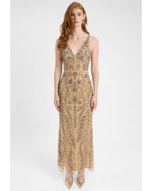 Beauut Embellished Sequin Beaded Corset Maxi Dress With Deep V-Cut - Natural
