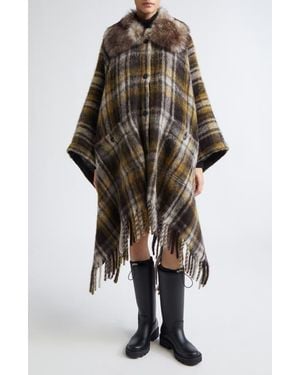 Moncler Plaid Felt Cape With Genuine Shearling Collar - Natural