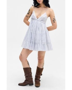 BDG Aria Stripe Babydoll Minidress - White
