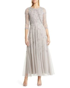 Pisarro Nights Beaded Mesh Gown With Jacket - Metallic