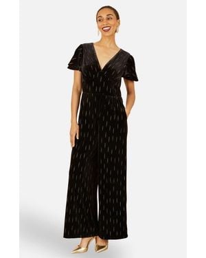 Yumi' Foil Print Velvet Jumpsuit - Black
