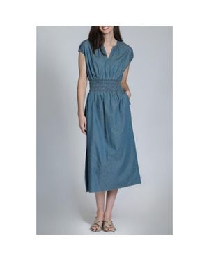 Apny Smocked Waist Denim Midi Dress - Blue