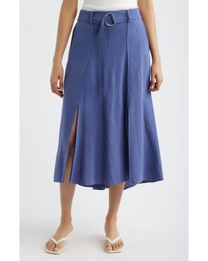 City Blues Belted Double Slit Midi Skirt - Blue