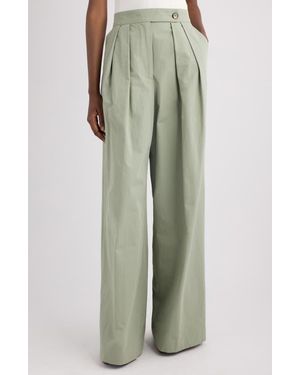 Dries Van Noten Pleated Cotton Wide Leg Pants - Green