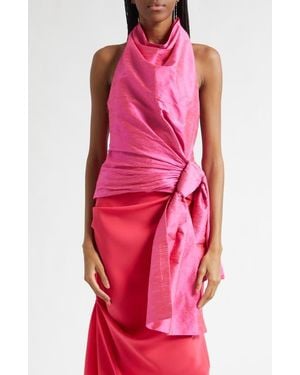 Christopher John Rogers Silk Shantung Sarong Halter Top - Red