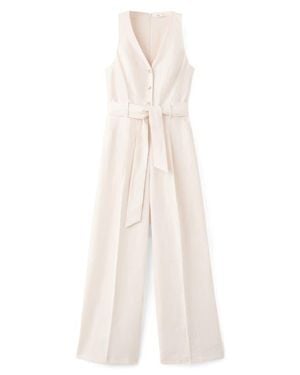 Mango Sleeveless Belted Linen Jumpsuit - White