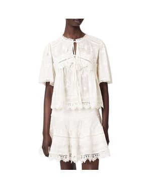 AllSaints Lillith Floral Embroidered Lace Trim Tie Front Top - Natural