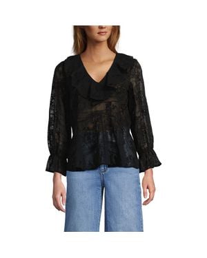 Lands' End Feminine Ruffle Chiffon V Neck Blouse - Black