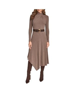Donna Karan Long Sleeve Knit Midi Dress - Brown