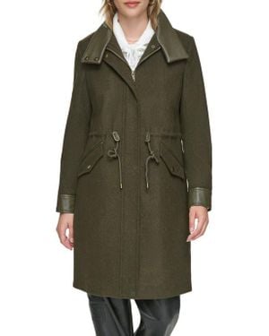 Andrew Marc Feather Leather Trim Wool Blend Coat - Green