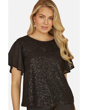 Yumi' Sheer Short Sleeve Sequin Top - Black