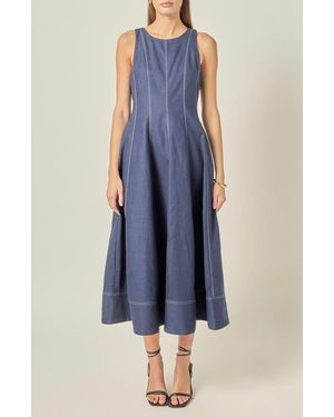 English Factory Stitch Detail Linen Midi Dress - Blue