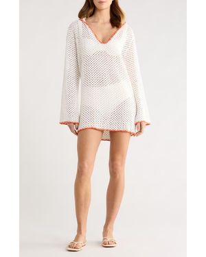 Elan Long Sleeve Sheer Open Stitch Cover-Up Dress - White