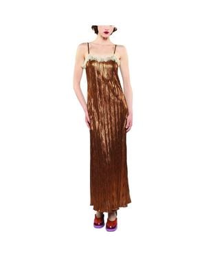 Anna Sui Fortuny Pleats Lace Slip Maxi Dress - Brown