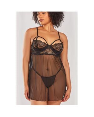 iCollection Demure Strappy Lace Babydoll Set - Brown